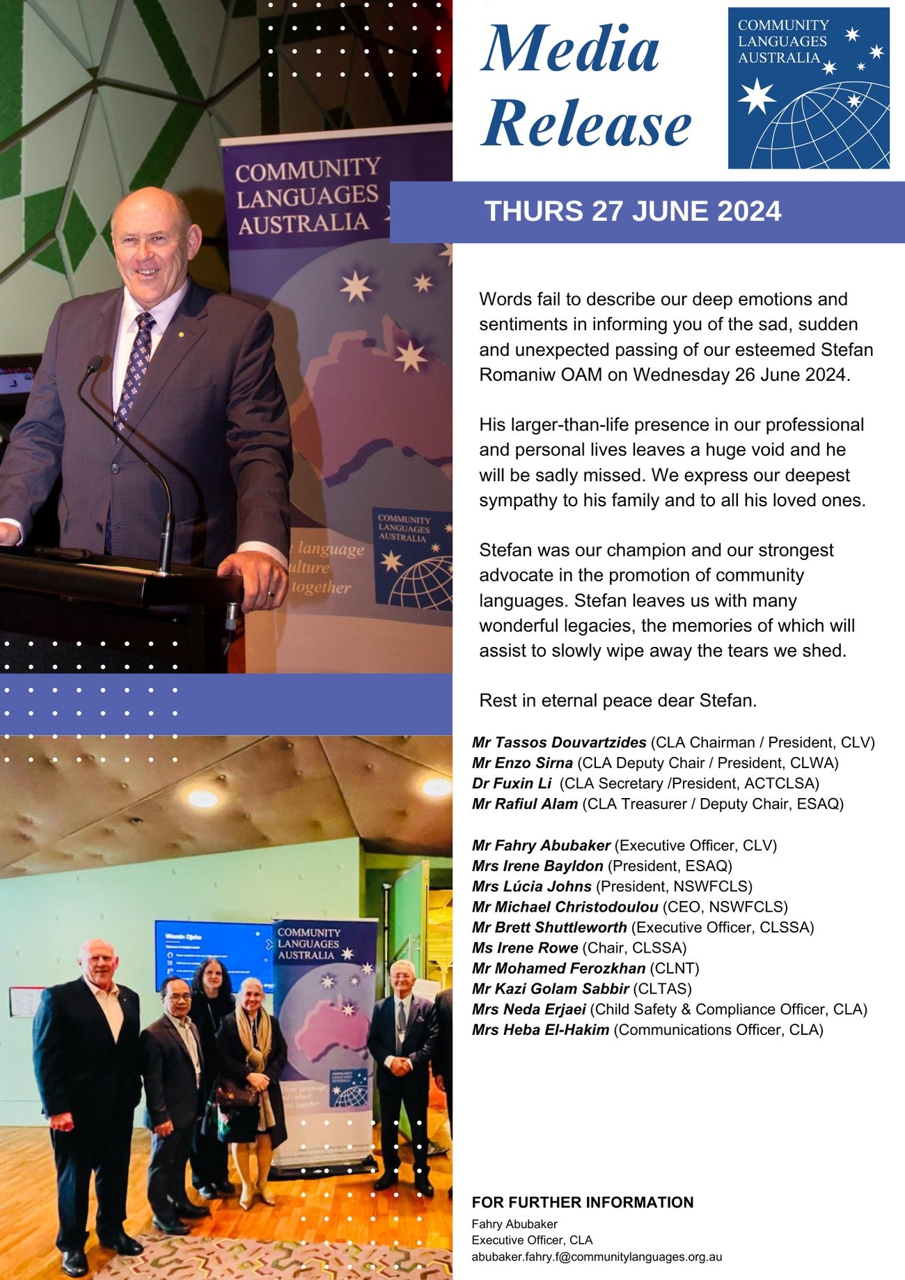 In Loving Memory of Stefan Romaniw, OAM 1955-2024